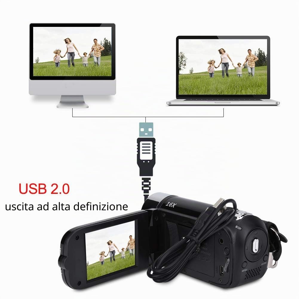 Ejoyous Videocamera Digitale, Videocamera Full HD 16X Videocamera Ad Alta Definizione con Schermo Rotante a 270 Gradi Supporta Fotografia e Video con Display da 2,7 Pollici per Campeggio (Nero)