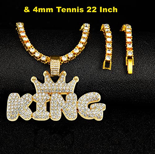 Hh Bling Empire Iced Out Pendant Chains For Men Silver Gold Diamond Letter Name Necklaces For Boy Hip Hop Crown King Chains 5Mm Tennis 22 Inch (Crown King-Gold,& Tennis) #TOP3