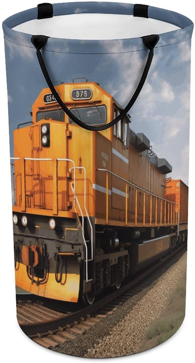 Freight Train Laundry Hamper with Handles Waterproof Collapsible Laundry Basket Large Lightweight Round Dirty Clothes Hamper for Home Dorm Bathroom Decor