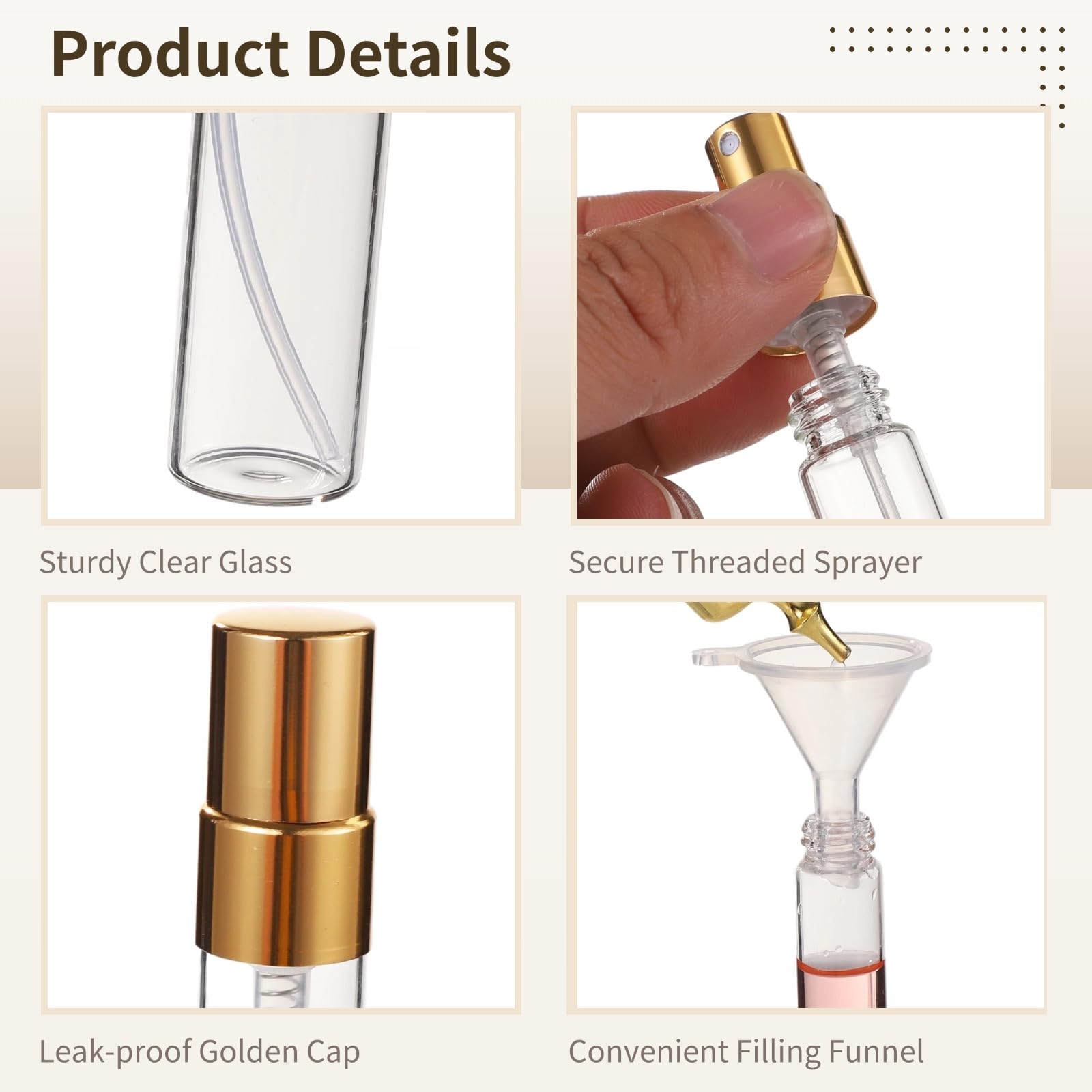 Parfümzerstäuber aus Glas, 50 Mini-Flaschen, nachfüllbar, feiner Sprühnebel, Reisegröße mit Trichtern, tragbar, 8,5 g (10 ml)
