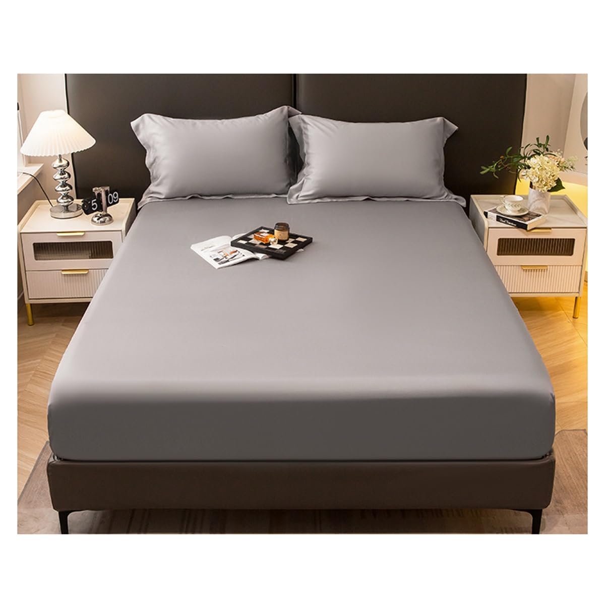 Premium Spannbettlaken 100% Tencel Lyocell Eukalyptusfasern Spannbetttuch for Allergiker Antibakteriell Ganzjahres Bettwäsche (Color : A, Size : Queen)
