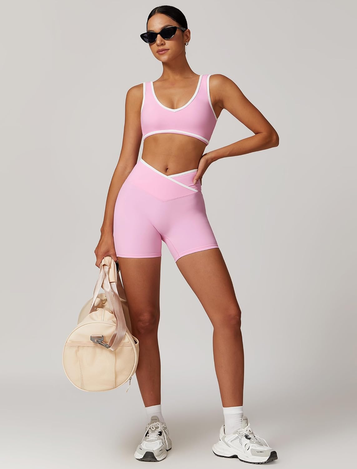 ABOCIW Workout Sets for Women Color Block Sports Bra Crossover Waist Shorts 2 Piece Gym Yoga Pilates Outfits - Image 4