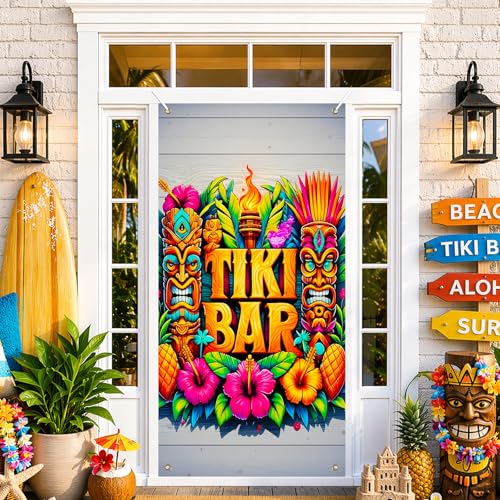 Image of BissYard Tiki Bar Door Cover 71 x 35 Inches Hawaiian Luau Door Banner Tropical Tiki Mask Pineapple Hibiscus Summer Party Front Door Decoration Indoor Outdoor Porch Island Theme Decor