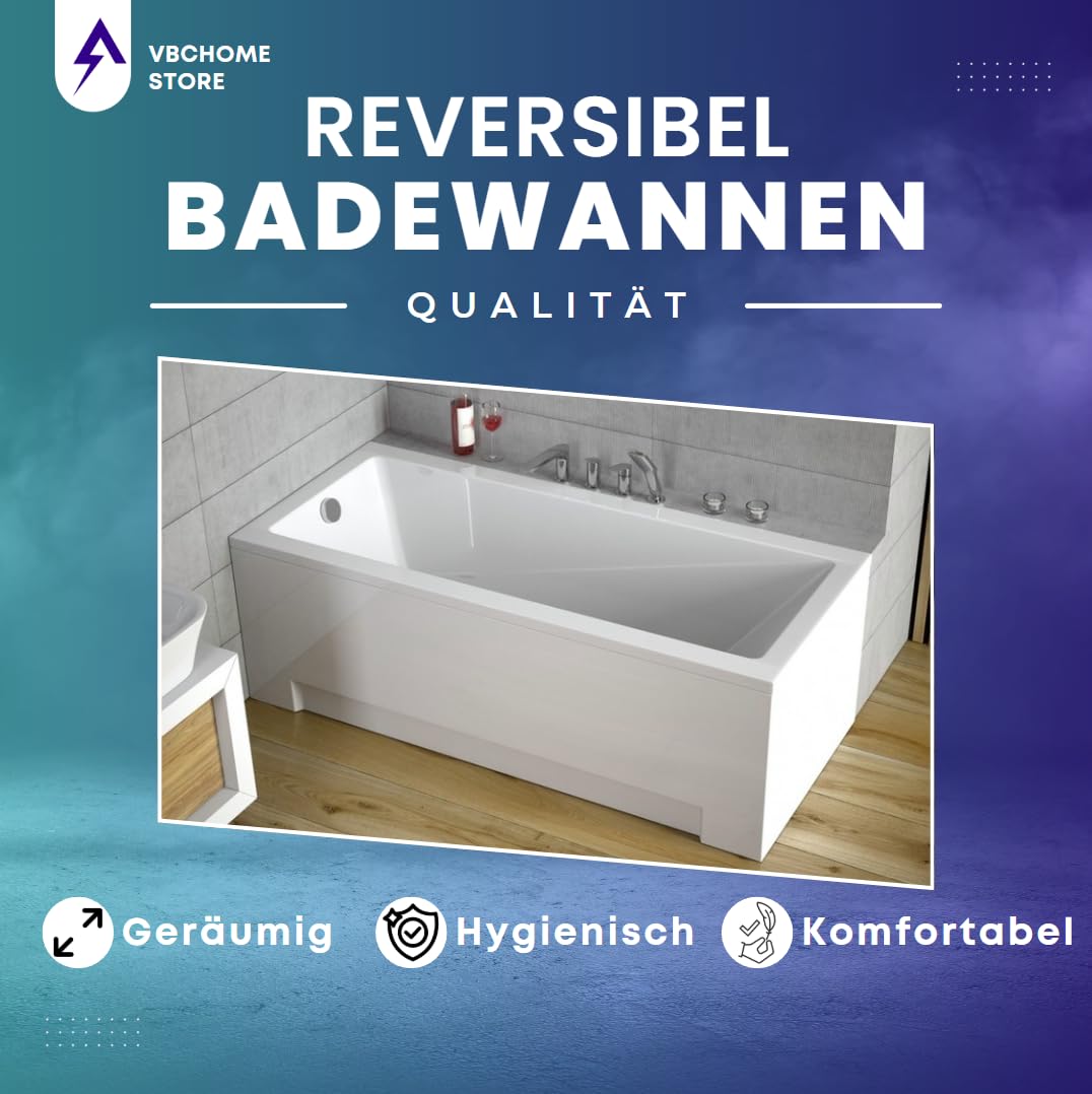 VBChome bañera 130x70 cm acrílico SET delantal sifón bañera acrílica rectángulo diseño blanco pies de baño modernos desagüe cromo simplex