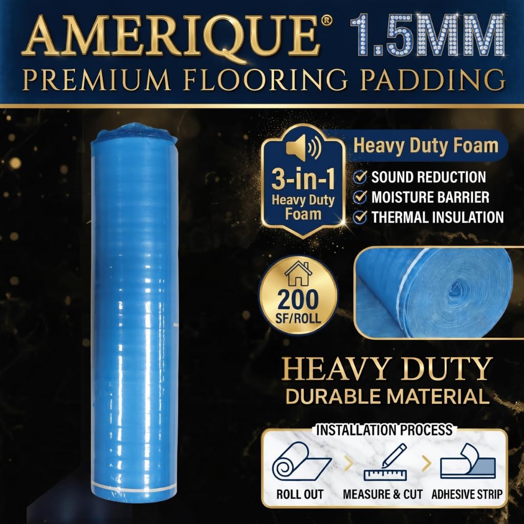 800 SQFT AMERIQUE 1,5 mm, imbottitura per pavimenti di alta qualità, 3 in 1, 200 SF/rotolo, confezione da 4 supporti con nastro adesivo e barriera al vapore