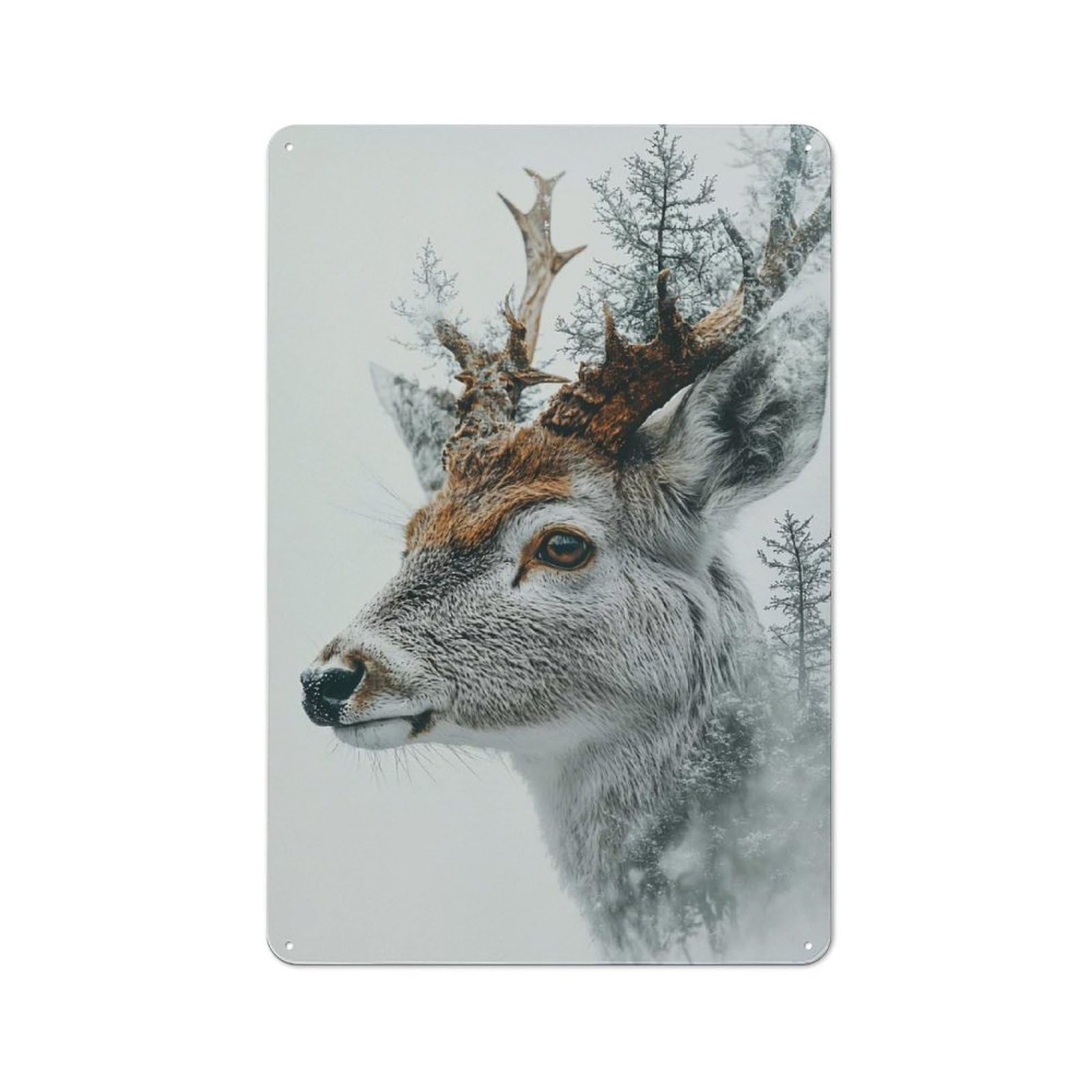 Junmoney Style-19 Metal Plaque With Deer And Forest Double Exposure Portrait Design 30X20cm, Country Style Cafe Wall Decor For Bakery, Diner, Cafe Or Family Room