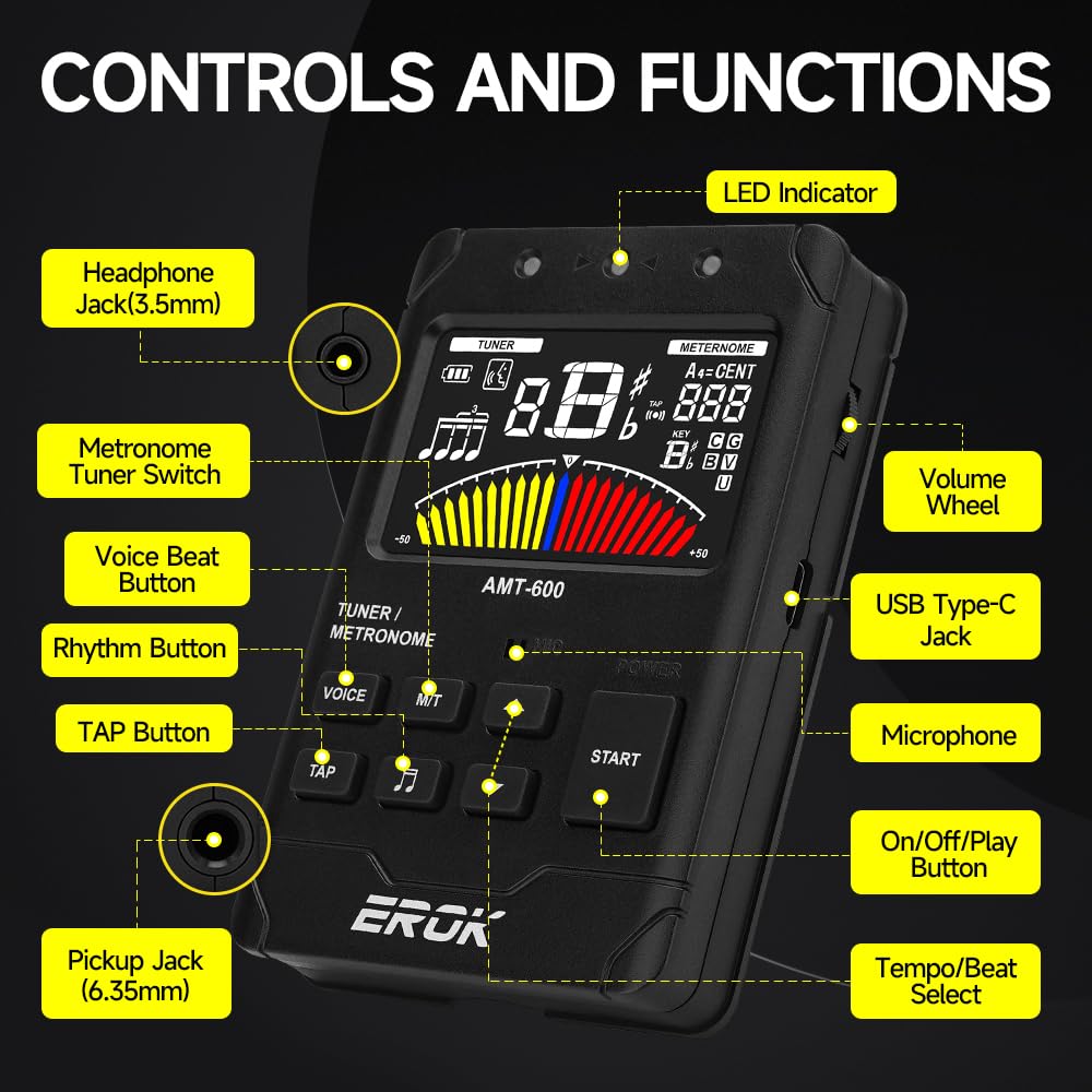 EROK Metrónomo y sintonizador digital recargable, todo en uno con salida de auriculares estéreo, contador de voz, apto para guitarra, bajo, violín, instrumentos de cuerda (negro)