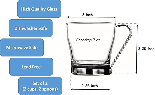 Miniatura 5 de BOHEM'S Tazas de té de vidrio con mango de acero inoxidable, tazas de café transparentes de 7 onzas, juego de 2 (tazas y cucharas), vasos de té para