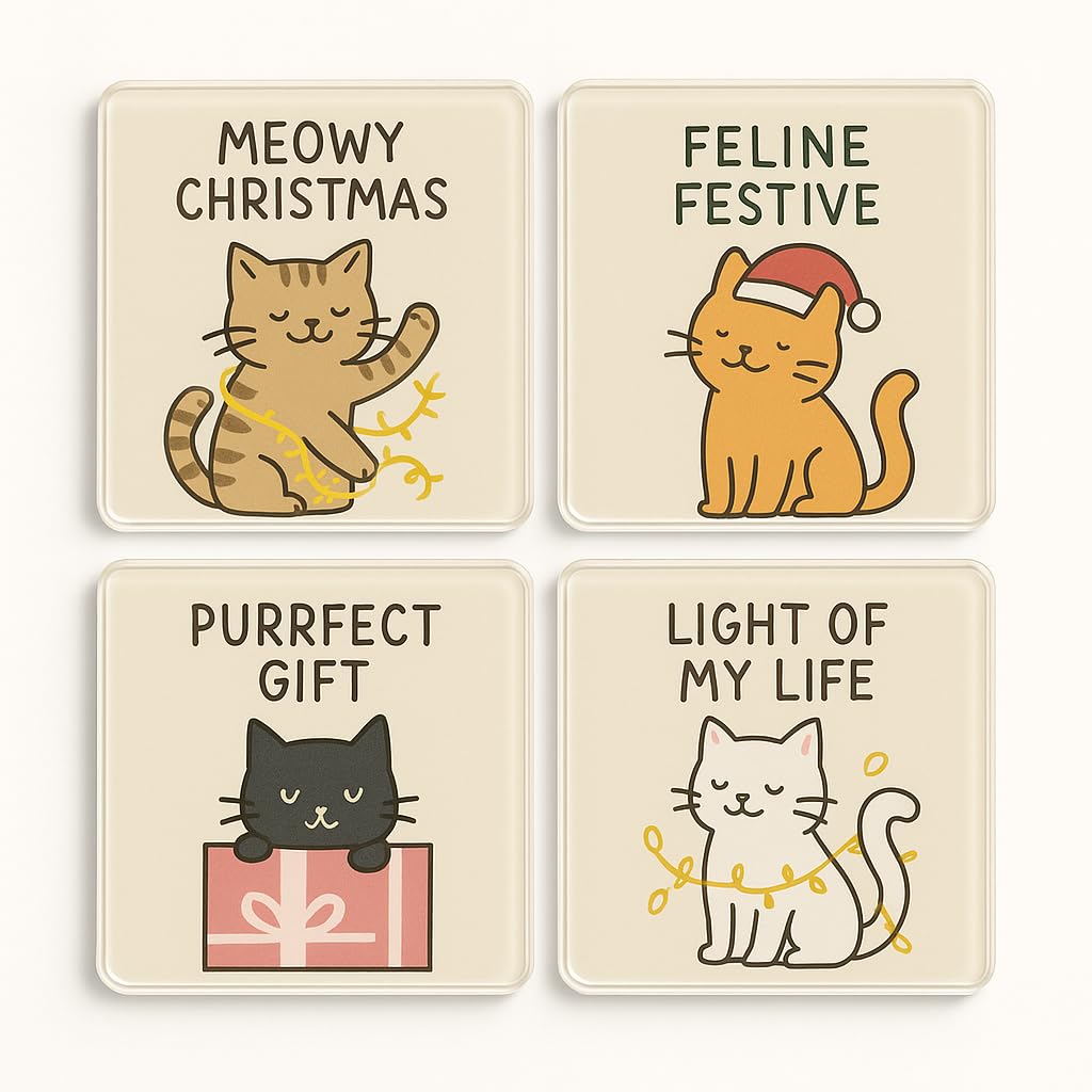 The Plum Penguin Whisker Wonderland Acrylic Coaster Gift Set Of 4 With Whimsical Cat Christmas Art - Festive Drinkware For Cat Lovers & Pet Parents