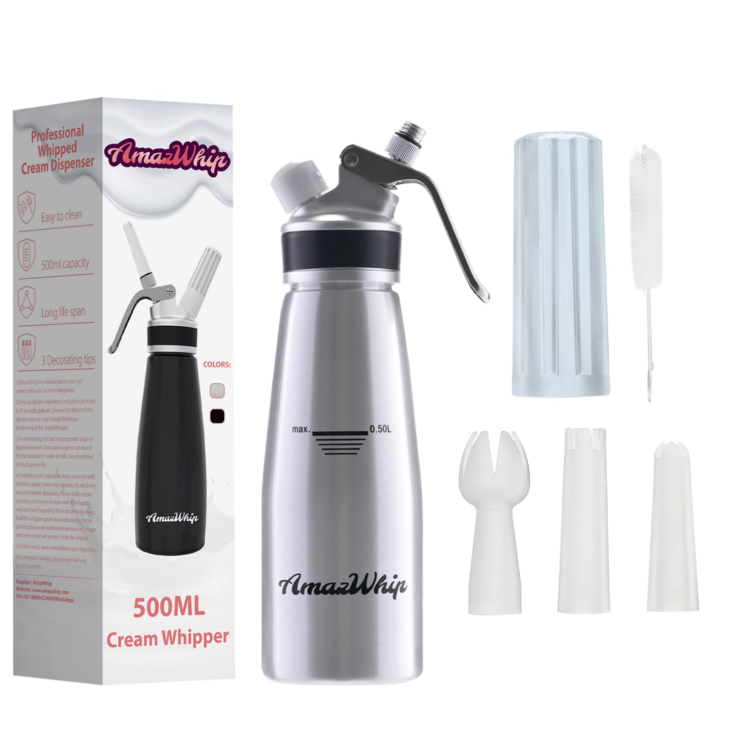 500ML Cream Dispenser For All Cold Applications-Durable Aluminum Alloy Cream Whipper With 3 Decorating Nozzles & 1 Cleaning Brush (500ML Metall)