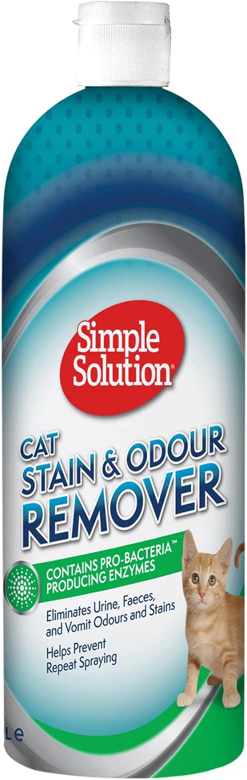 Simple Solution Cat Extreme Stain and Odour Remover, 3X Cleaning Power, Pro Bacteria and Enzymes Formula, Best for Feces, Vomit, Urine, Drool 1L