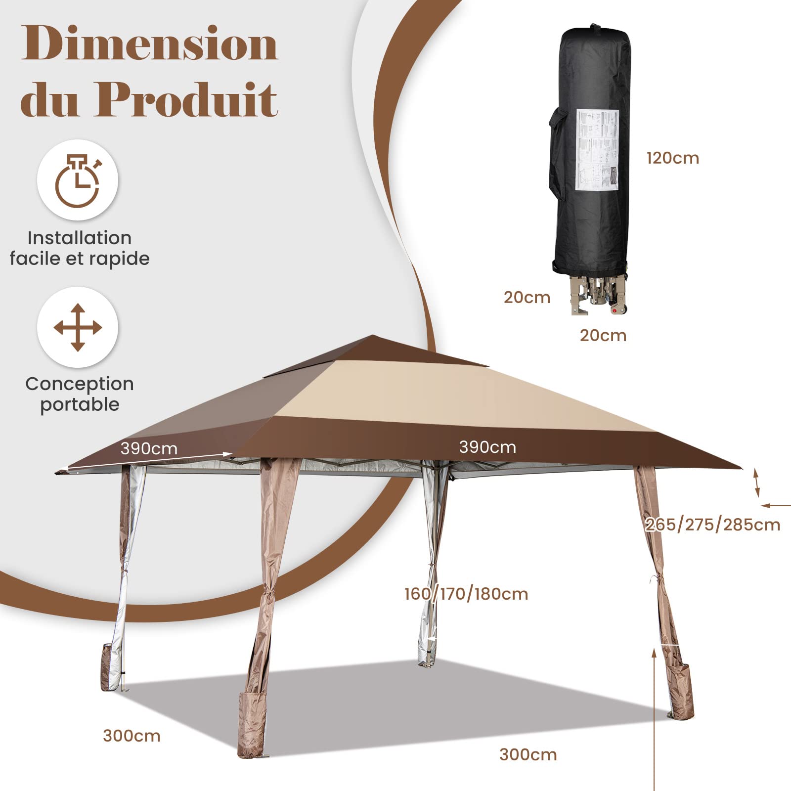 COSTWAY Tonnelle de Jardin Pliante 4M x 4M avec Supports en Fer et Roues, Tente de Reception Imperméable UPF 50+ à Hauteur 265-285CM Avant-Toits Sac Portable pour 8-10 Personnes, Beige