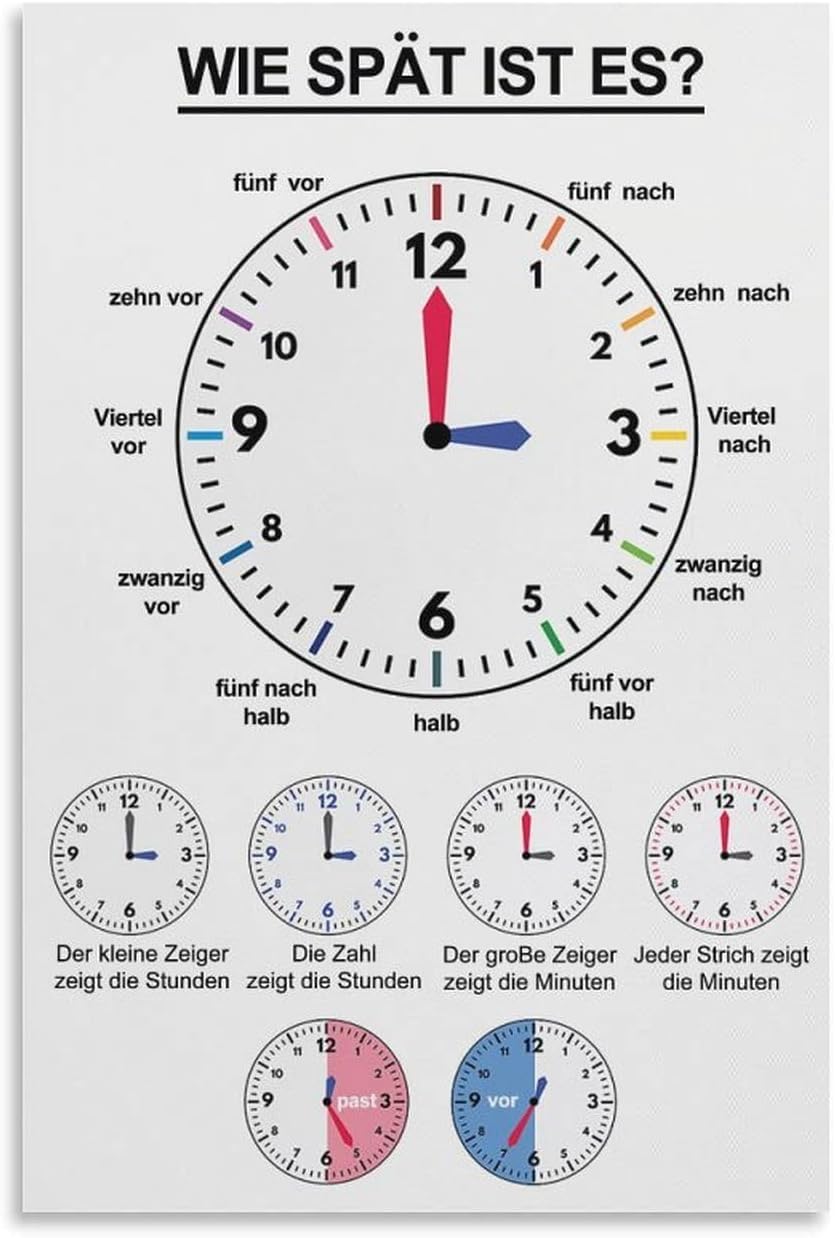 Sitrmgh Men's Educational Posters Telling Time Poster German Language What Time Is It Teaching Tool Classroom Educational Poster Wall Decor Metal Tin Sign Chic Art 8X12 Inch
