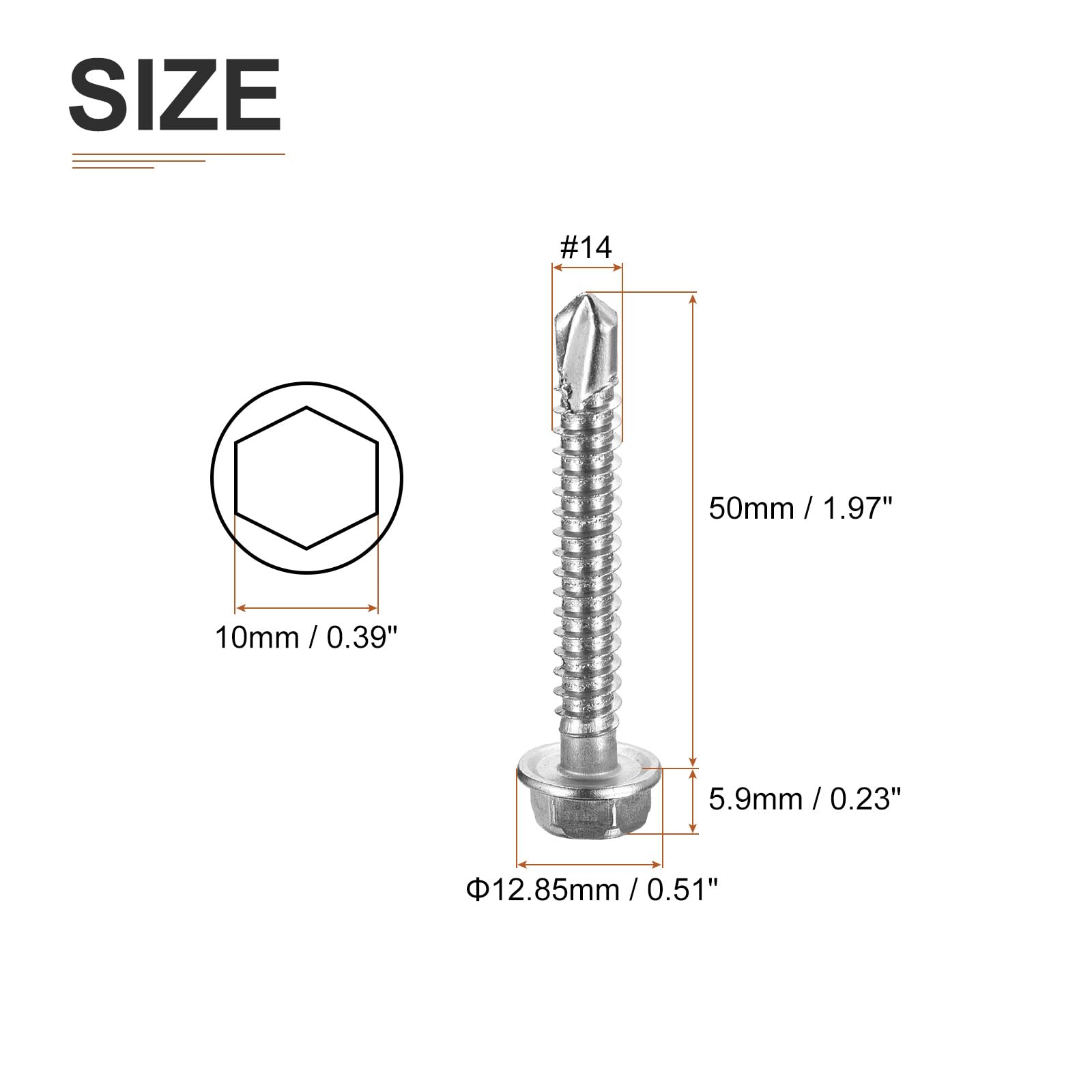 DTGN #14x2" Hex Washer Head Self Drilling Screws - 50Pack - Good for Machine - 410 Stainless Steel - Self Tapping Sheet Metal Screws - Image 2