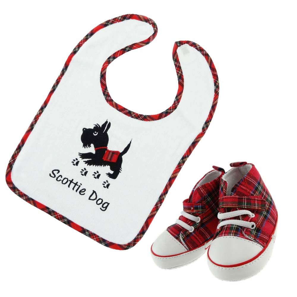 Clans of scotland Baby Bib and Bootees 6-12 Months - Scottish Dog and Royal Stewart design - Boys & Girls - Celebration Gift set Newborn, Infants, Toddlers Cotton Soft Shoes and bib set