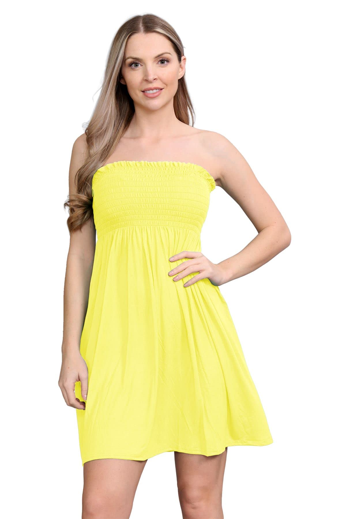 Janisramone Women's Yellow Janisramone® Bandeau Dress, Boob Tube Sheering Ruched Flared Mini Dress, Plain Strapless Summer Dresses, Perfect Holiday & Beach Dresses For Uk
