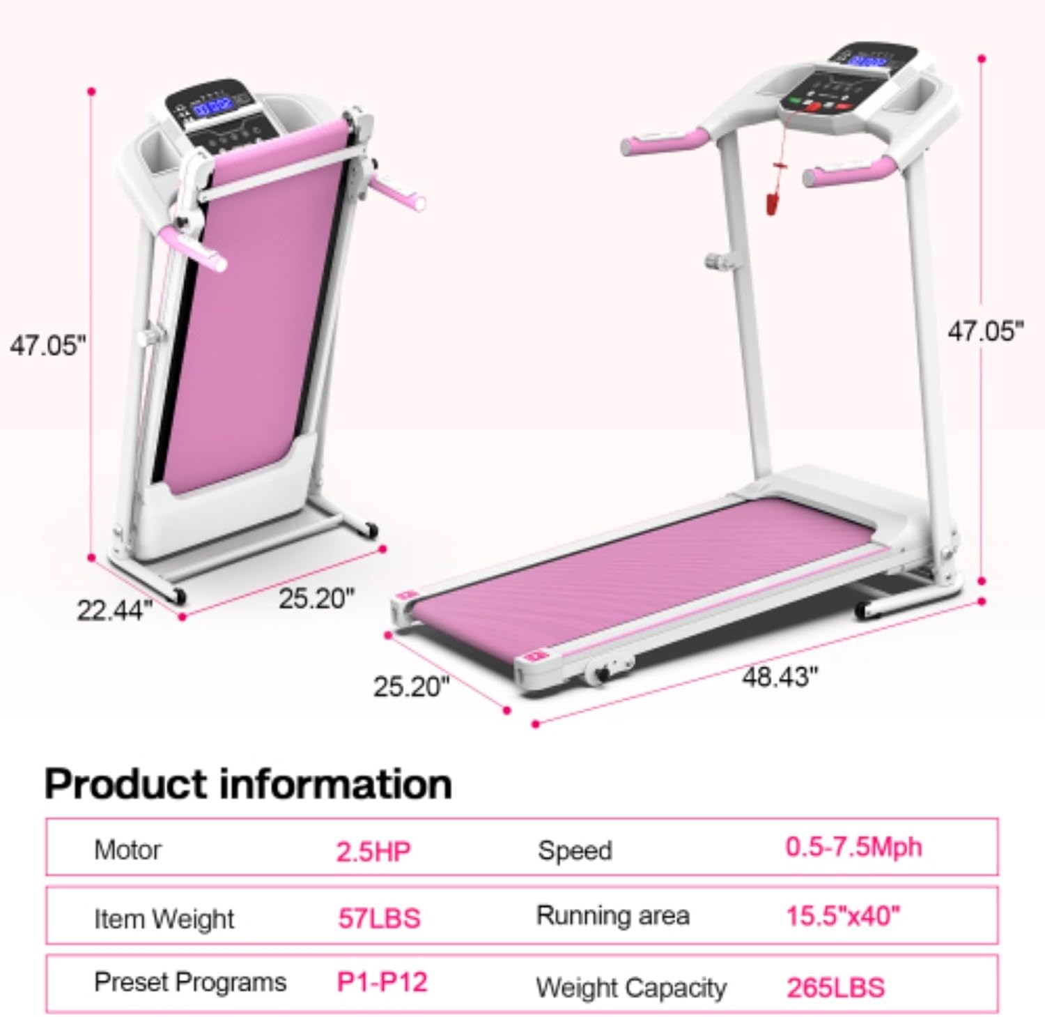 Foldable Treadmill 2.5HP Electric Folding Treadmill Running Walking Machine for Home Gym, Max 265 LBS Weight Capacity
