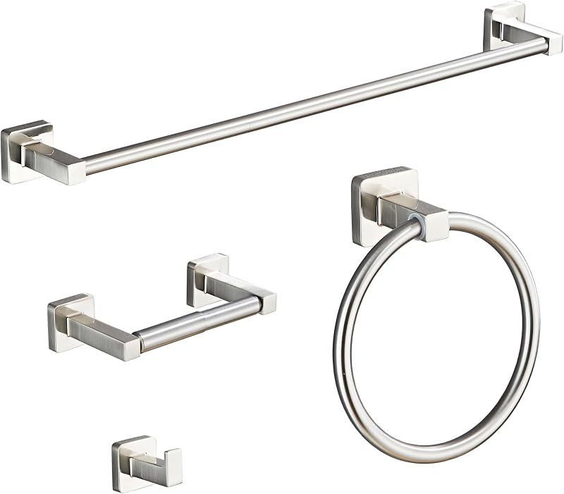 Juego de accesorios de baño de níquel cepillado, 4 piezas, juego de accesorios de baño de acero inoxidable montado en la pared, barra para toallas de mano, anillo para toallas, ganchos para toallas, soporte para papel higiénico, juego de barra para toallas, 23,6 pulgadas