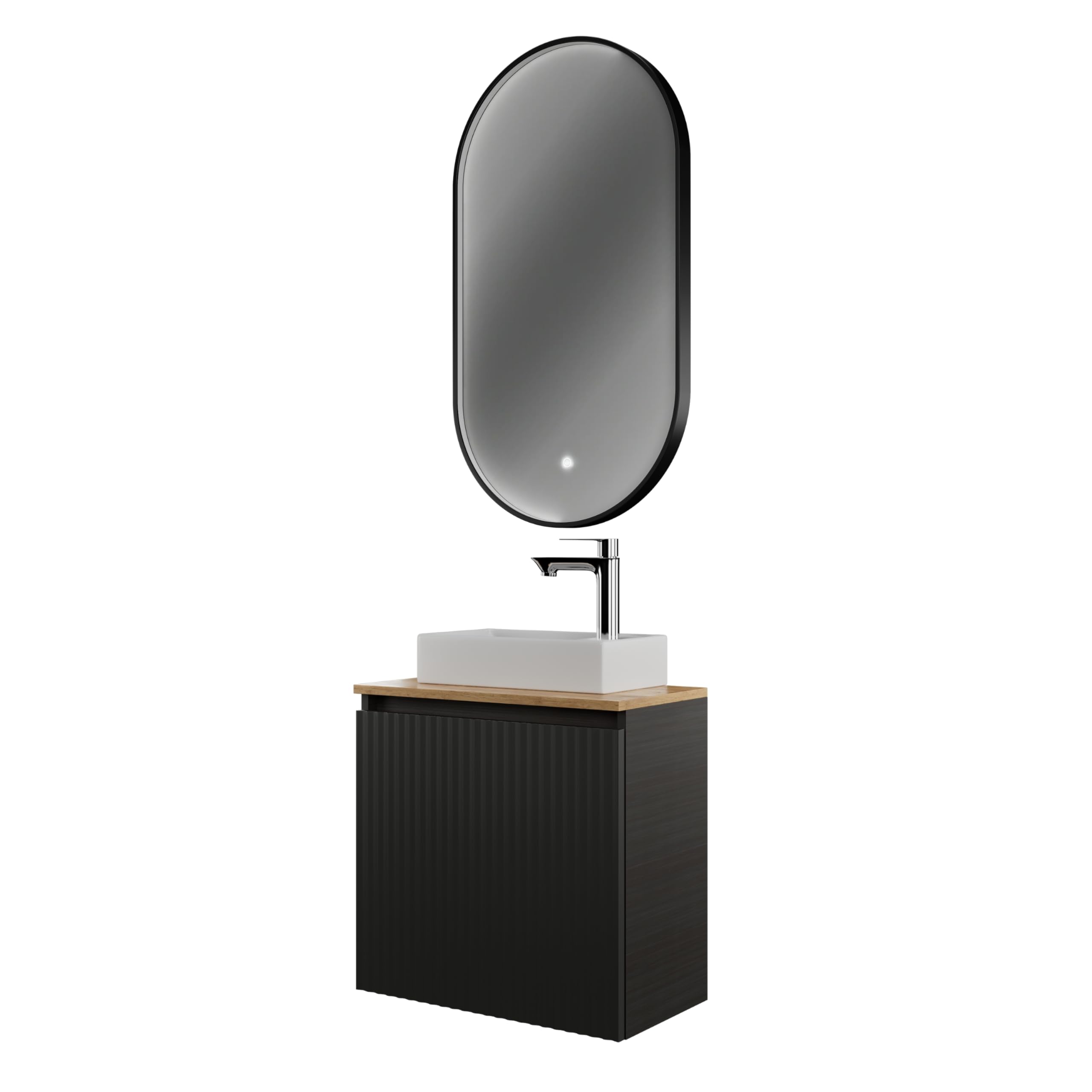 Planetmöbel Conjunto de muebles de baño Lavabo con mueble bajo 56 x 55 x 30 cm Antracita y roble dorado, espejo de baño con iluminación, 50 x 90 cm, espejo con marco, ovalado, 3 niveles de iluminación