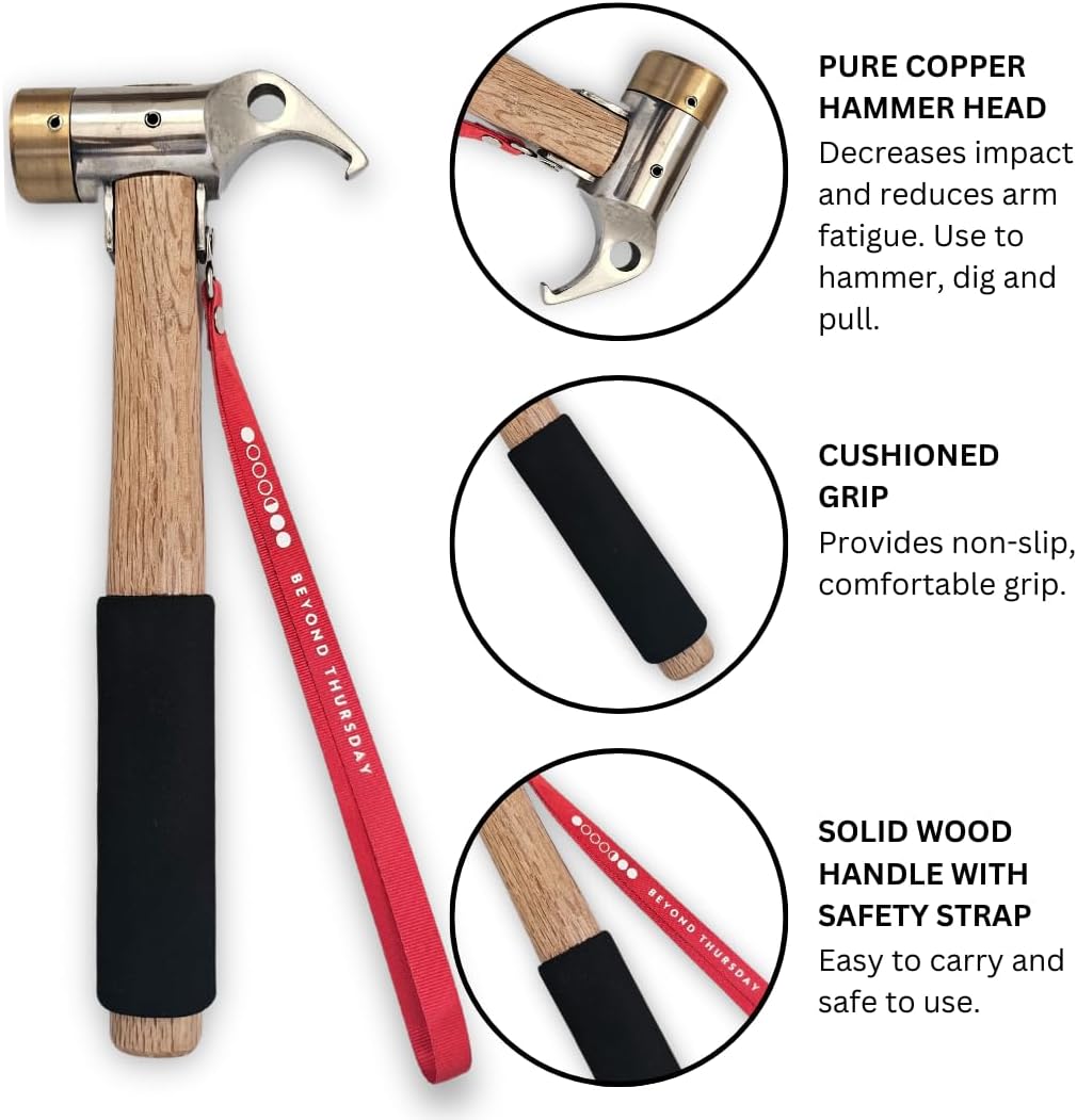Heavy Duty Tent Stake Hammer & Puller Steel Head & Solid Wood Handle with Cushion Grip - Safety Strap, Copper