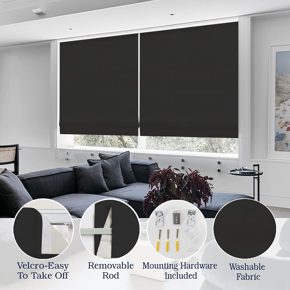 Sunbox Cordless Blackout Roman Shades, Fabric Window Blinds for Windows, French Door, Kitchen, Black