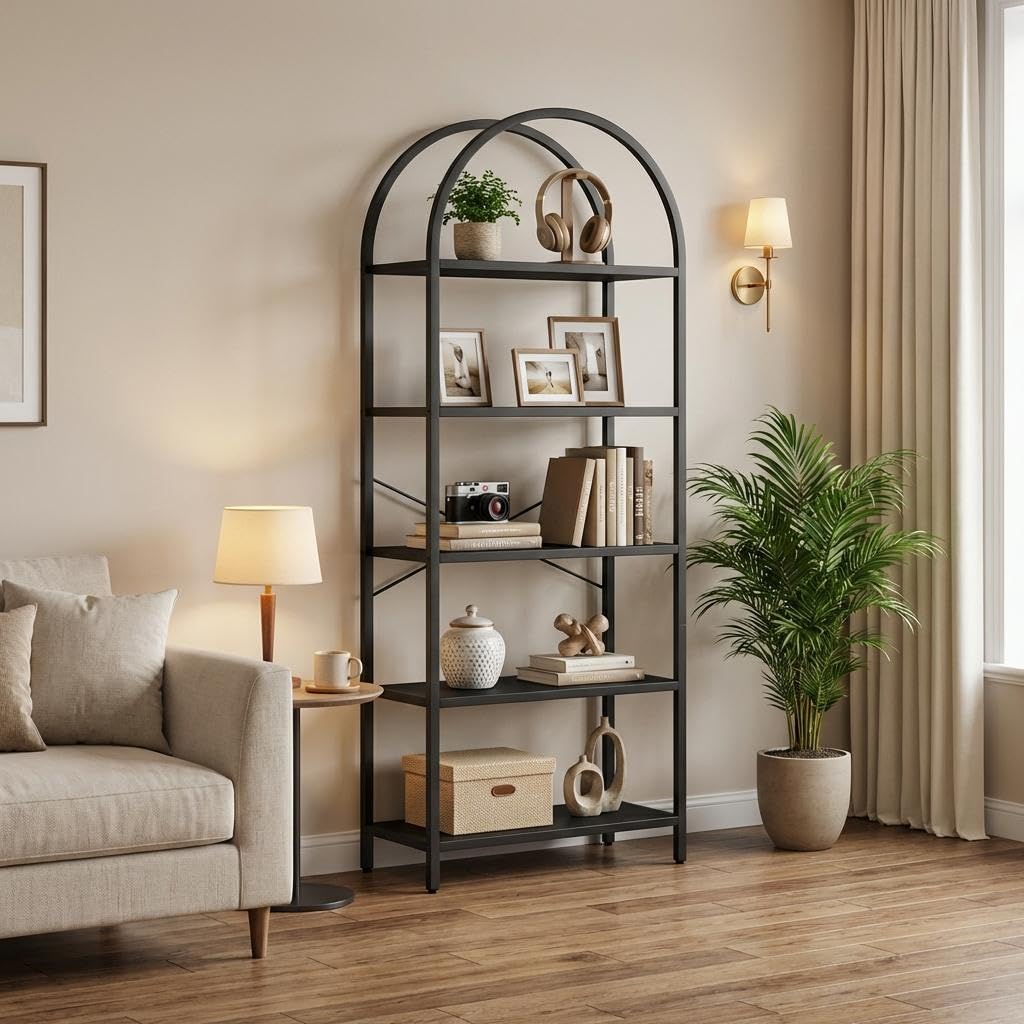 71" Tall Arched Bookshelf (Nearly 6 ft), Modern Black Open Bookcase with Metal Frame, 5 Tier Industrial Etagere Shelf for Living Room