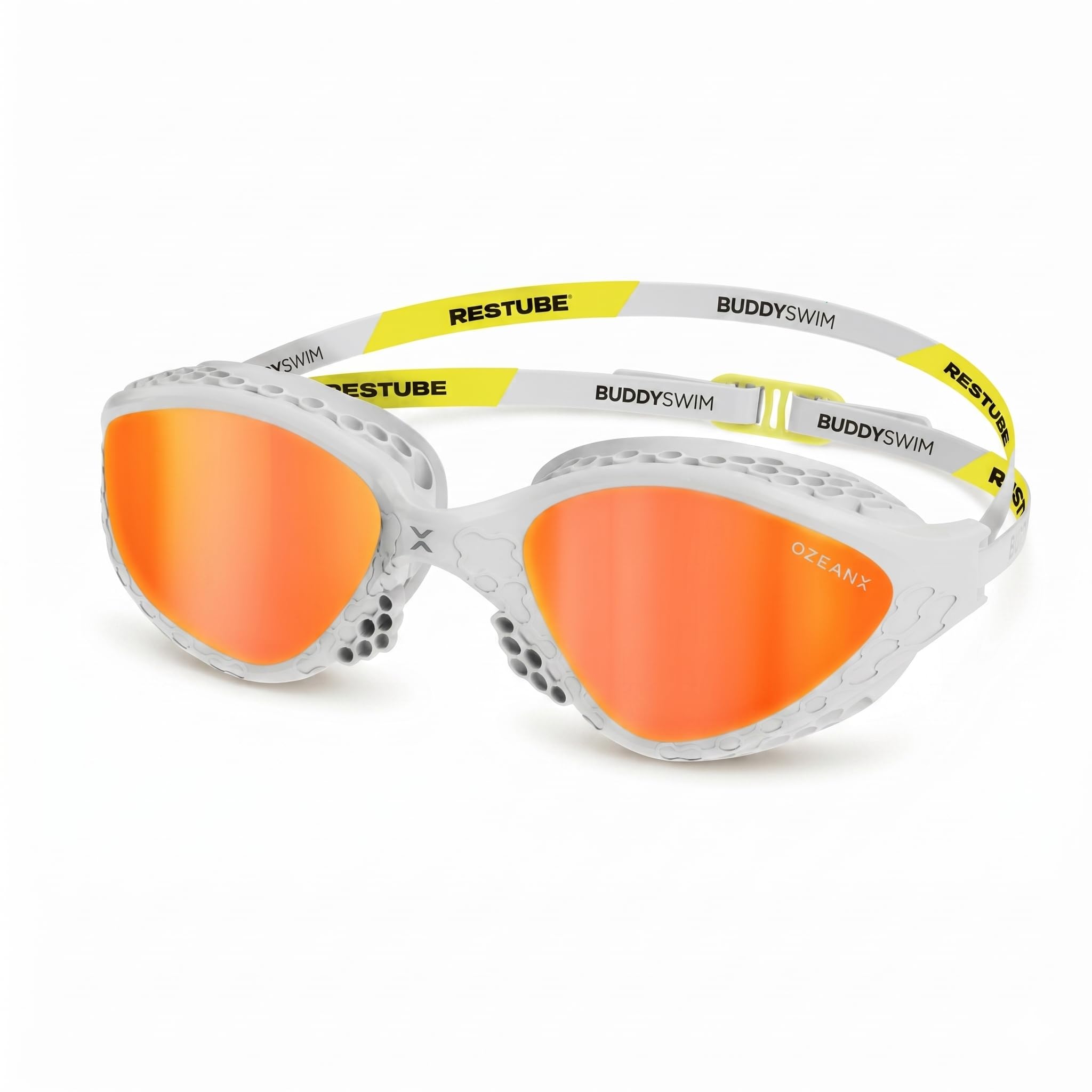 Restube Occhialini da nuoto anti-appannamento, unisex, per adulti, con lente panoramica, protezione UV, a specchio, HCF Honeycomb Fit, nasello per triathlon e acqua aperta
