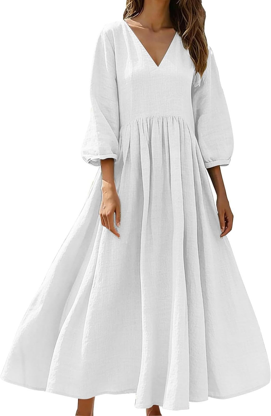 Women's Summer Linen Maxi Dresses 3/4 Sleeve V-Neck Plain Dress Ladies Casual Loose Cotton Linen Holiday Beach Oversized Dress Baggy Solid Color Streetwear Daily Wear Dresses