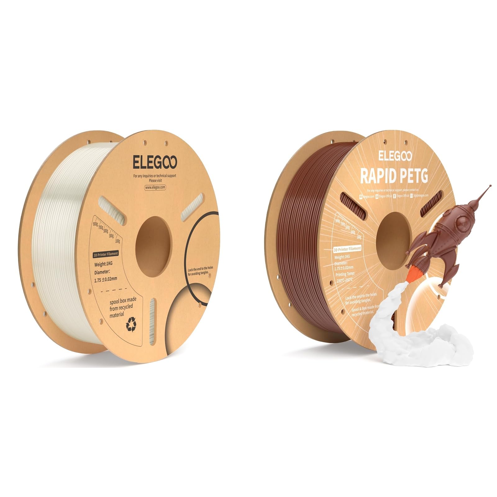 ELEGOO 1.75mm PLA+ Filament Translucide 1KG & PETG Filament Marron 1KG