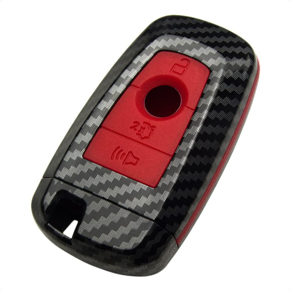 Smart Key Fob Case Compatible with Ford Edge Expedition Explorer Fusion for Mustang Cobra 4 Button Keyless Entry Remote Personalized Protective Cover Plastic Carbon Fiber Pattern Red Silicone