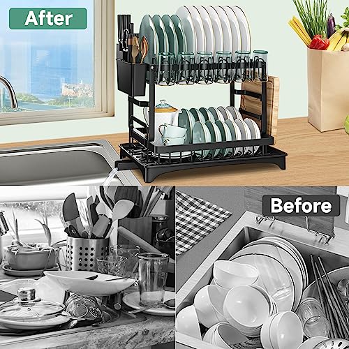 Image of Stainless Steel Dish Drainer,2 Tier Dish Drainer,Dish Drying Rack with Utensil Holder,Cup Rack for Kitchen Counter (31.5 x 31.5 x 30 cms)