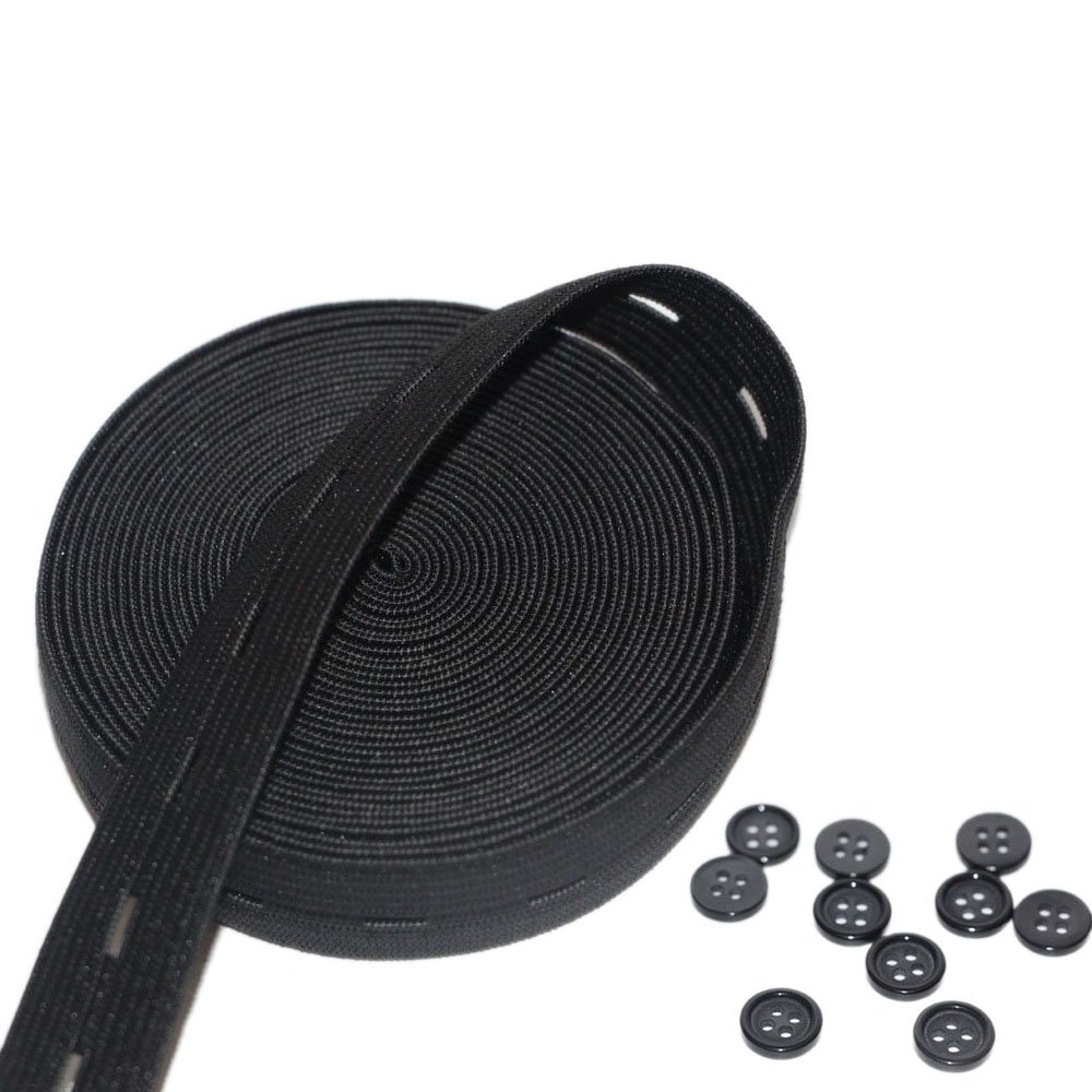 RERIVER Button Hole Elastic Spool 3/4-Inch Wide Knit Stretch Band and 10pcs Resin Buttons,Black