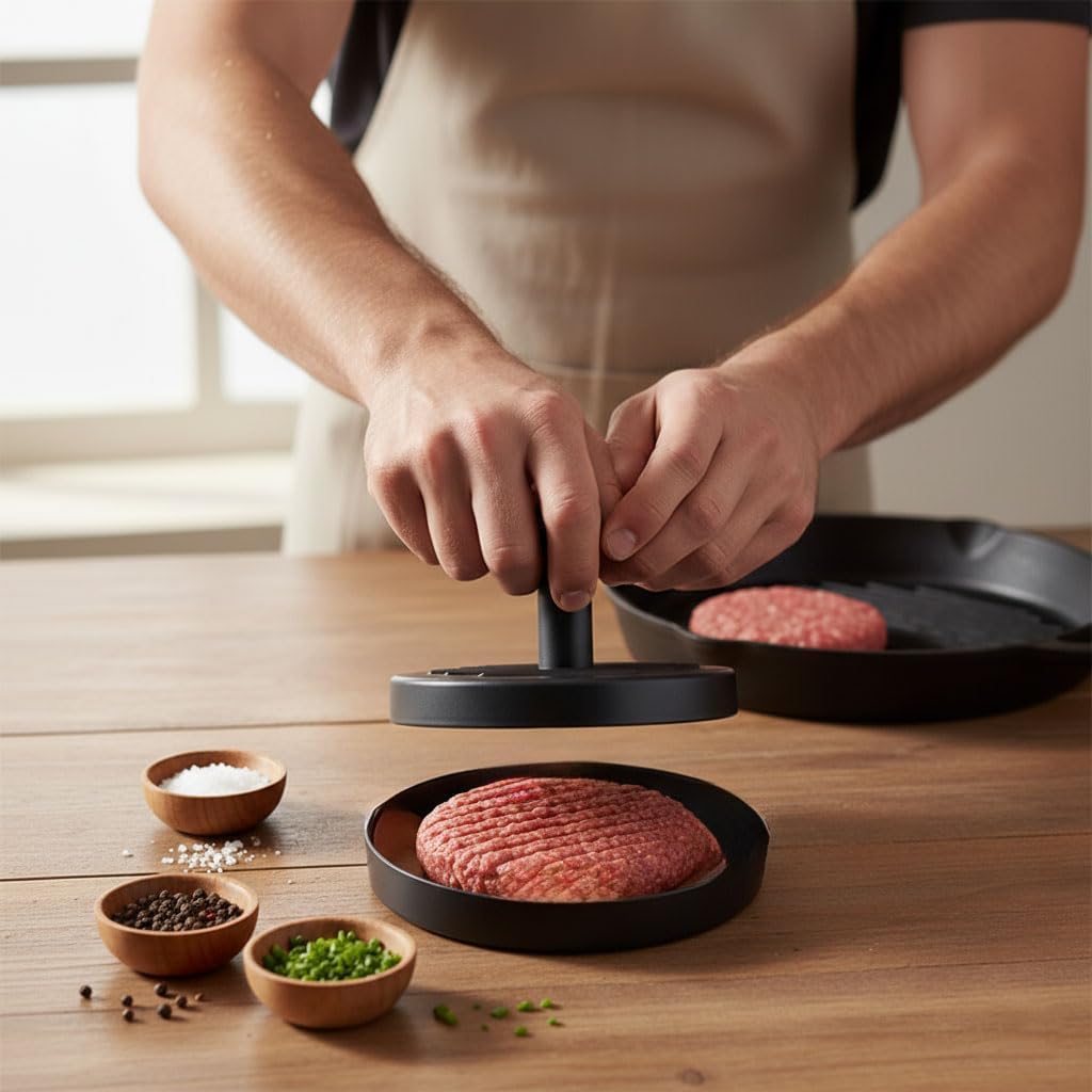 Deconox Yapışmaz Büyük Boy Hamburger Köfte Kalıbı - Paslanmaz Çelik Karbon Kaplama Premium Burger Presi | Mükemmel Şekilli Köfte Makinesi