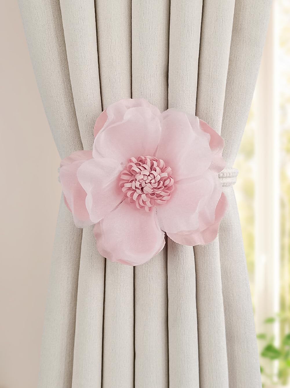 Embrasses de fenêtre ， Boucle de Rideau en Bois ， 1 Paire d'embrasses de Rideaux réglables Corde Fleur Rideaux décoratifs Embrasse Créative Embrasses de Corde de Rideau(Pink)