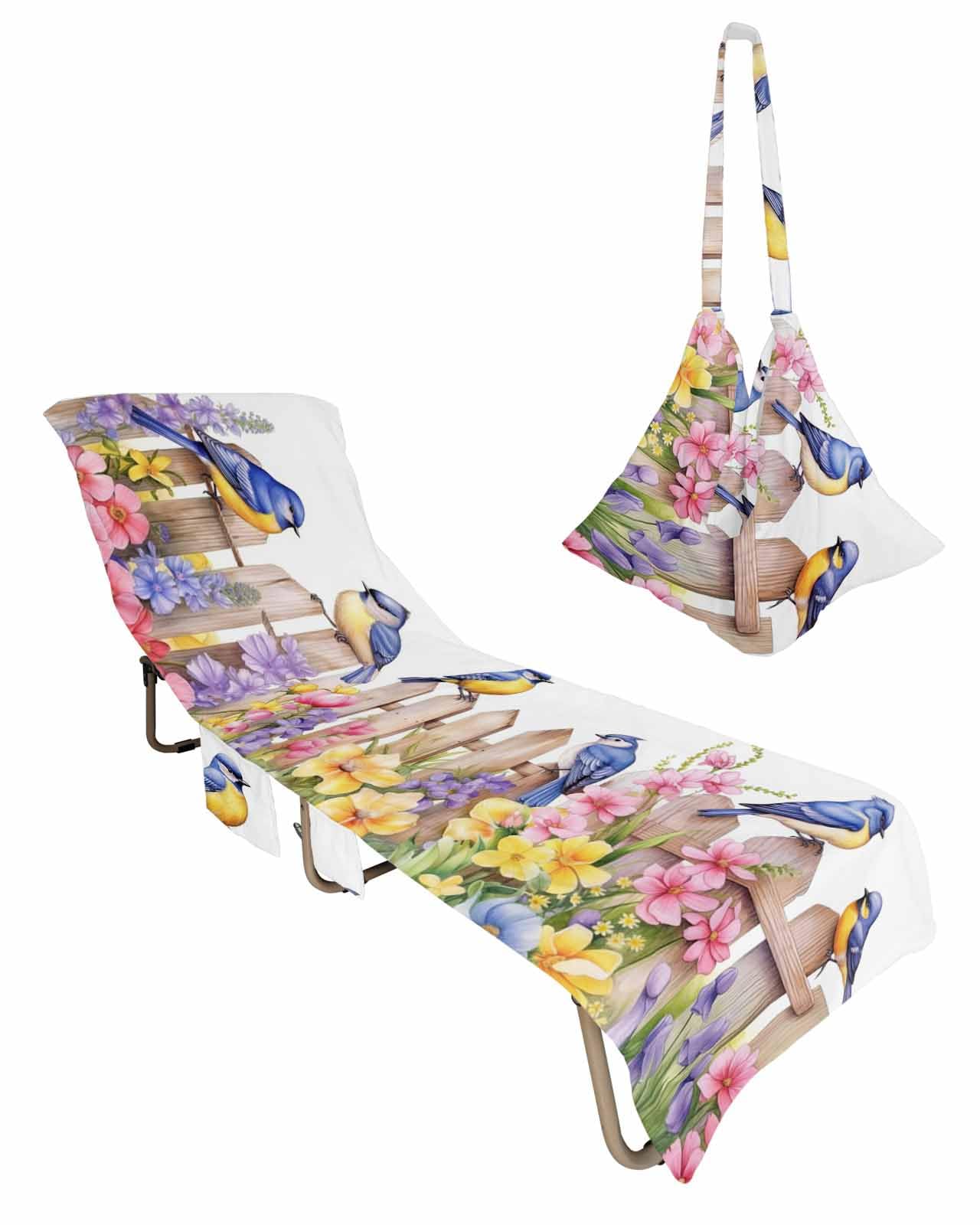 Spring Floral Beach Lounge Chair Towel Cover, Soft Chaise Lounge Towel with Side Pockets Patio Pool Chairs Cover for Beach/Pool Sunbathing 29x85 Summer Birds Botanical Fence