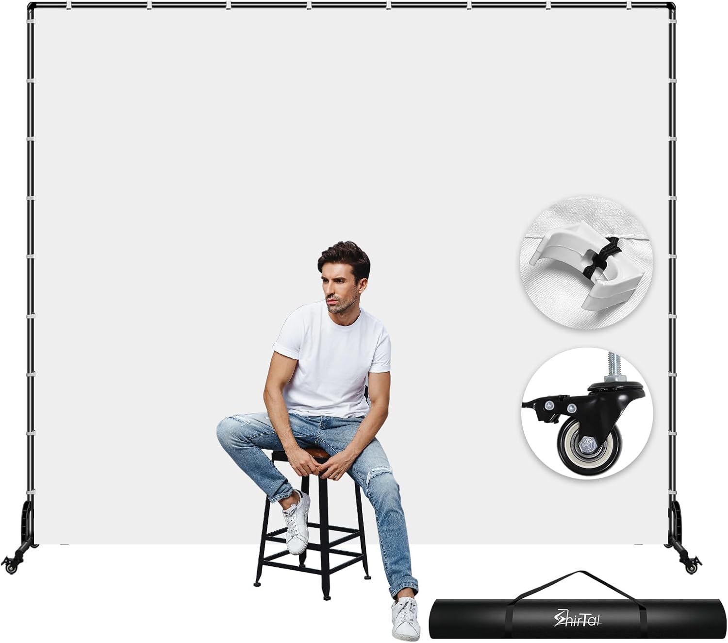 7x6.5ft Movable Backdrop Stand with White Backdrop,Photo White Screen Backdrop with Wheel Photography Background Stand for Photoshoot,Studio Video Recording, Events, Streaming