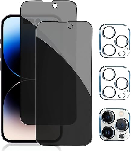 PEHAEL Paquete de 2+2 protectores de pantalla de privacidad para iPhone 14 Pro con protector de lente de cámara, cobertura completa, película de
