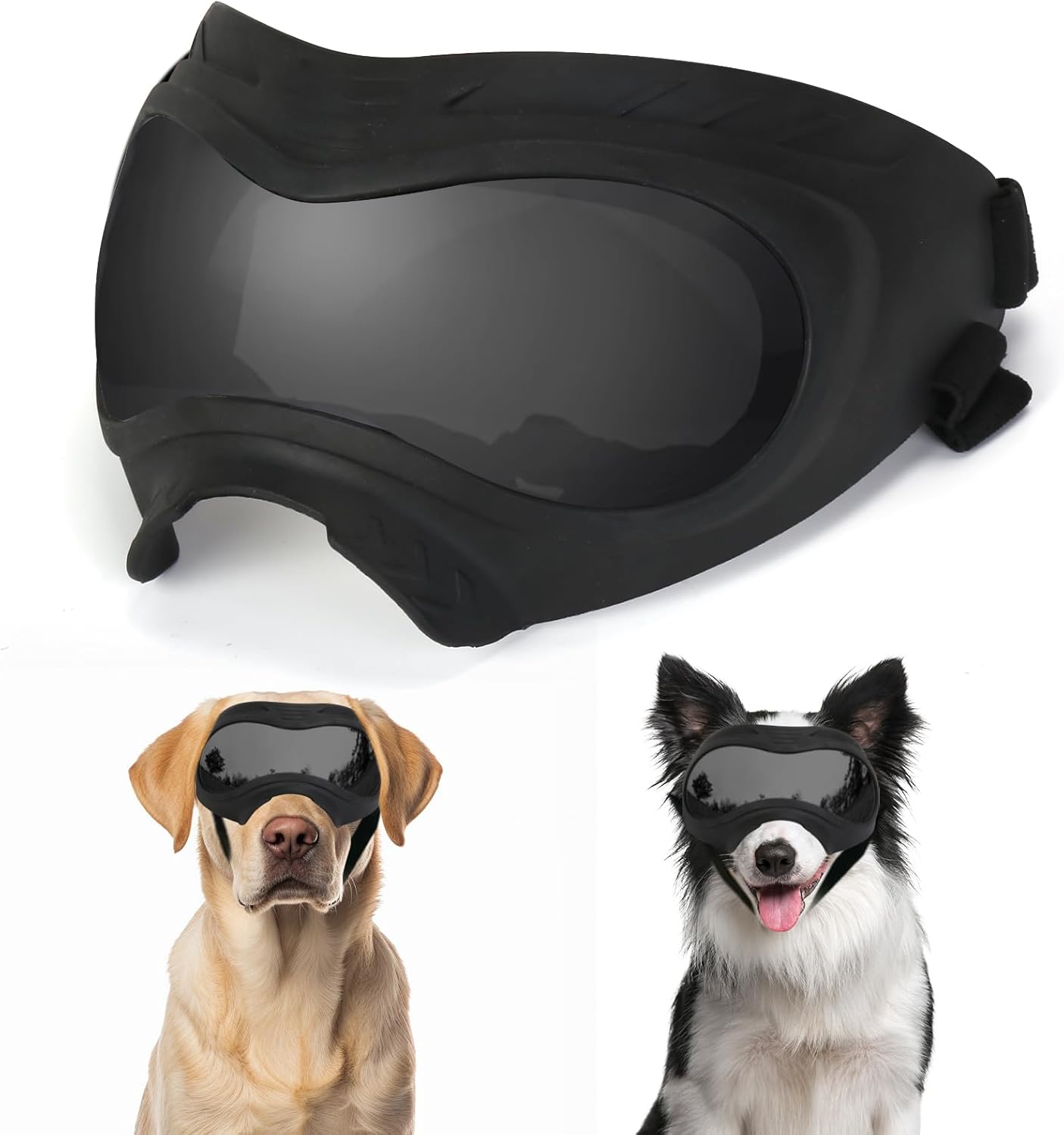 Dog Goggles, UV Protection, Windproof, Dustproof, Anti-Fog Dog Sunglasses for Large & Medium Dogs, Lightweight TPE Frame with Adjustable Strap, Stylish Outdoor Protection (Gray Lens)