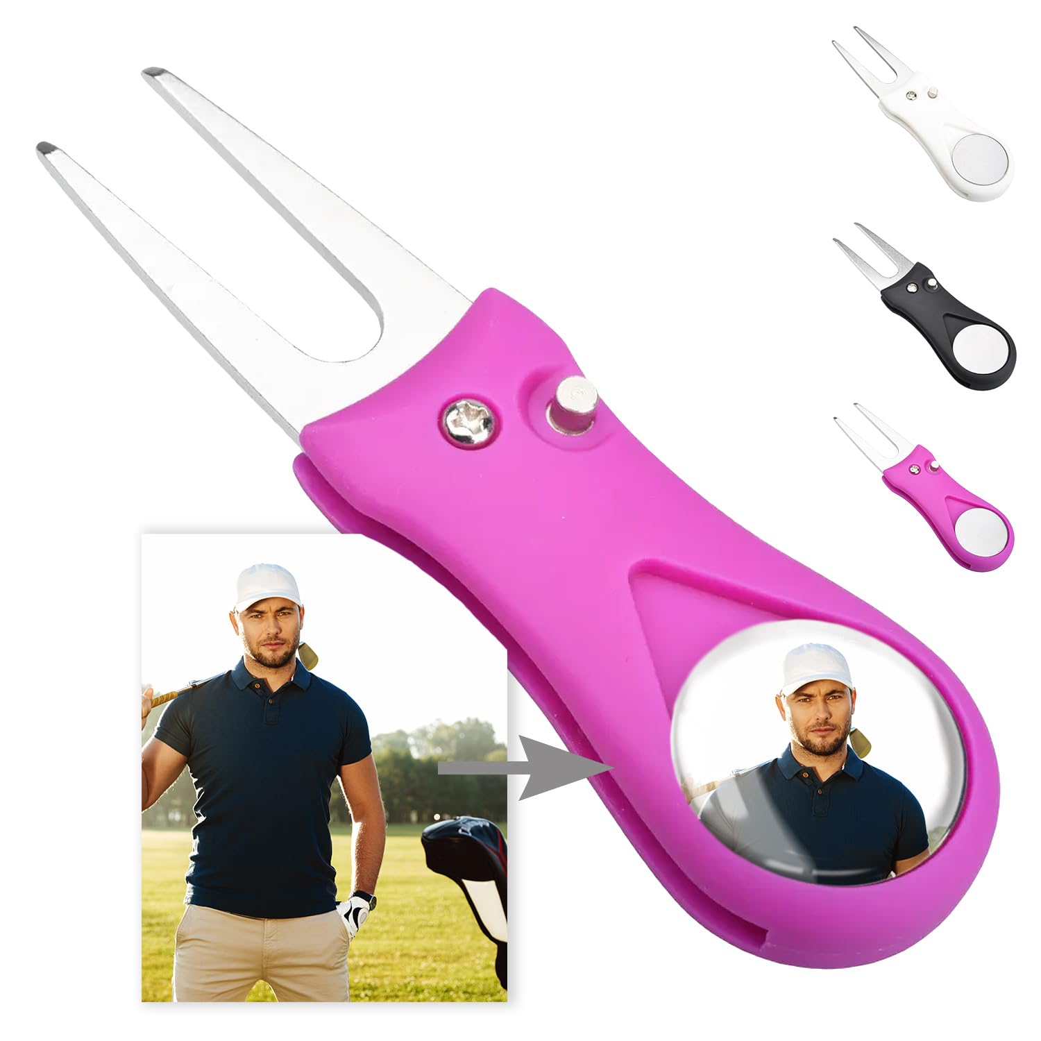 ibera gifts - Golf Divot Tool with Magnetic Golf Ball Marker, personalized with photo - Pitch Fork Repair Tool Mark (Pink)