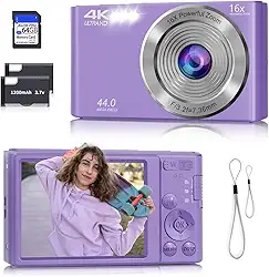 Câmera digital, câmera 4K com foco automático para fotografia com cartão de 64 GB, câmera digital compacta portátil de 44 MP para adolescentes adultos e crianças iniciantes com zoom de 16x