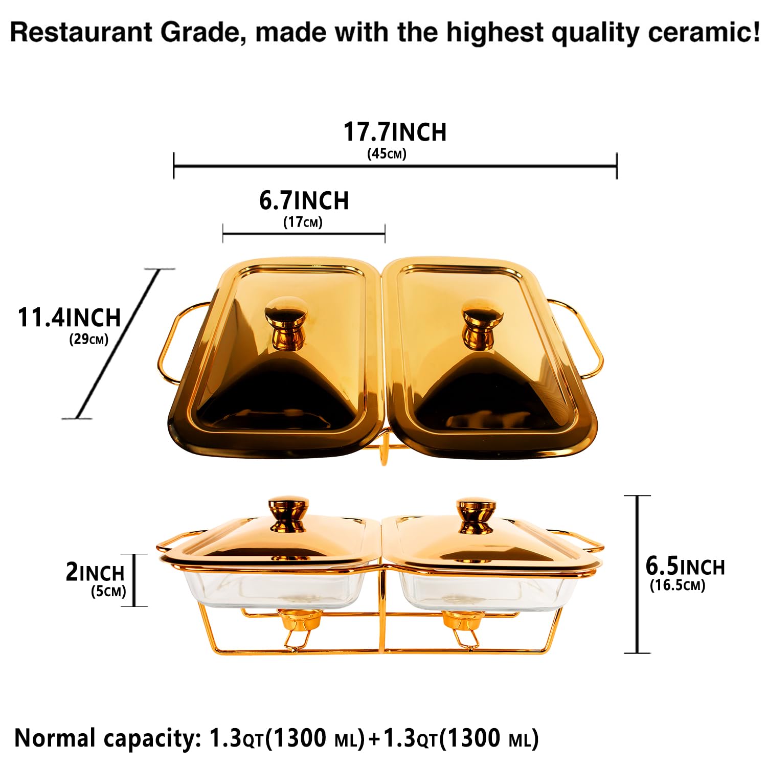 Cacerola de vidrio para hornear con tapa de acero inoxidable y estante, sartén grande para cazuela y lasaña, apto para lavavajillas, congelador, microondas y horno (rectángulo dorado 2 en