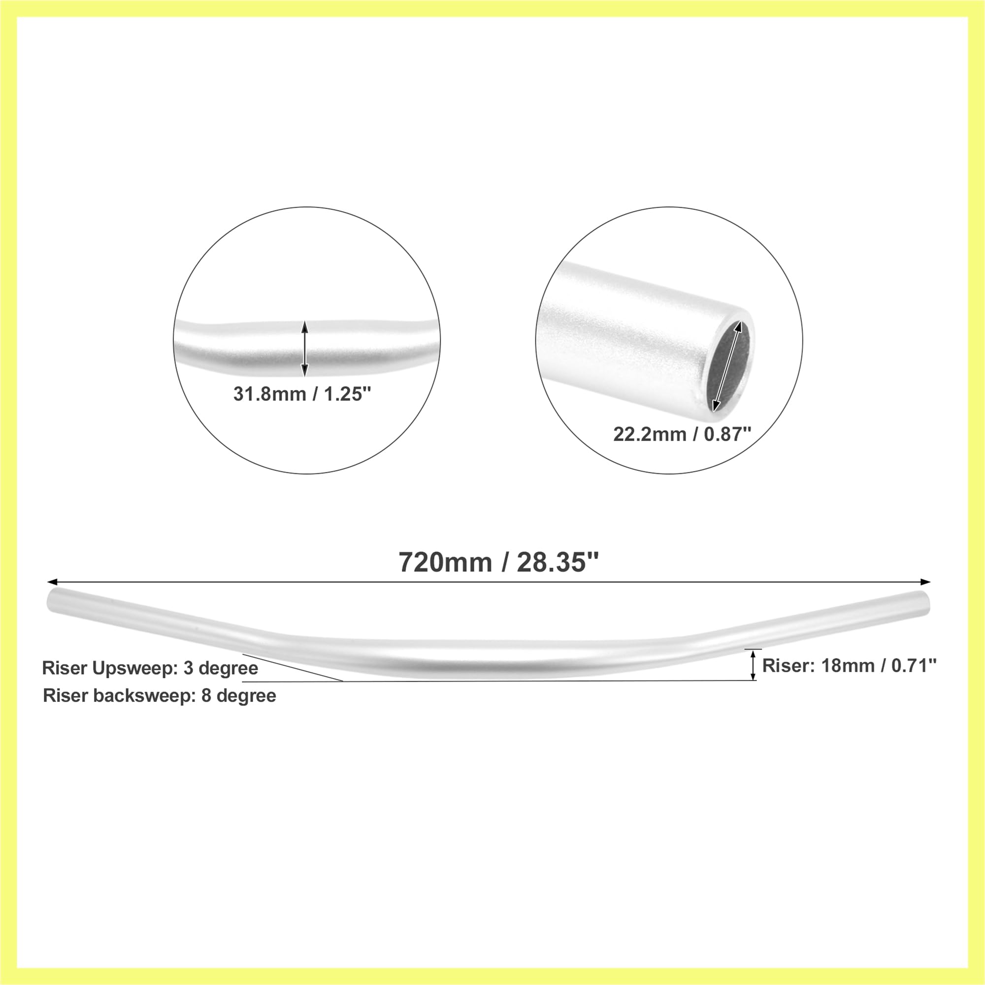 QUARKZMAN Manubrio per Mountain Bike, Diametro 31,8mm Manubrio Rialzato per Bicicletta, Manubrio Rialzato da 720mm per Bicicletta, Manubri Bici da Strada e Mountain Bike, Tonalità Argento