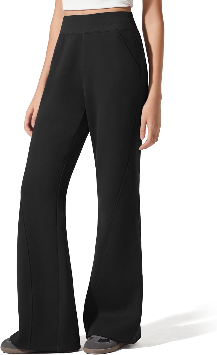 G4Free Flared Sweatpants for Women Fleece Lined Thermal Casual Pants High Waist Winter Warm Trousers Work with Pockets(Black,L,32'')