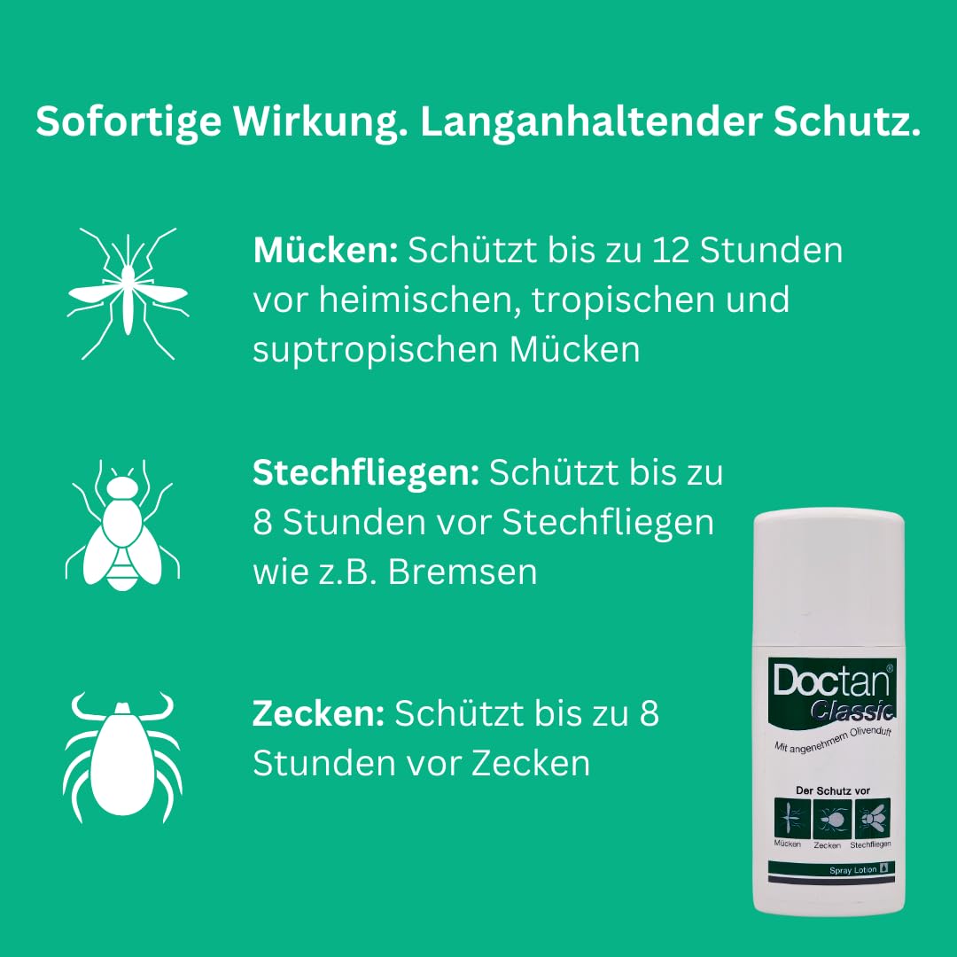 Doctan Classic Spray Lotion, 3x 100 ml I bis zu 12 Stunden Schutz vor Mücken, Zecken und Stechfliegen, Malariaprophylaxe, Zika-Virus I Für Kinder ab 2 Jahren I Spar-Set plus Pharma Perle give-away