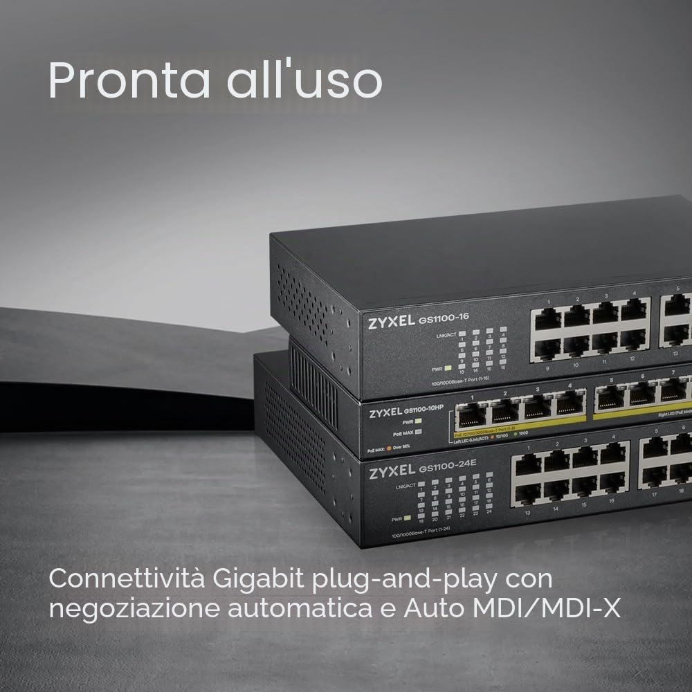 ZyXEL GS1100-24E Switch di Rete Non gestito Gigabit Ethernet (10/100/1000) Nero Switch - Switch di Rete (Non gestito, Gigabit Ethernet (10/100/1000))