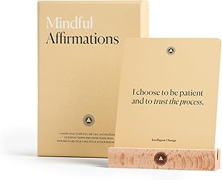 Mindful Affirmation Cards, Daily Words of Encouragement Cards, Self Affirmation Inspirational Gifts, Self Care Box of Positive Affirmations, Includes A Display Stand, Deck of 52 - Intelligent Change