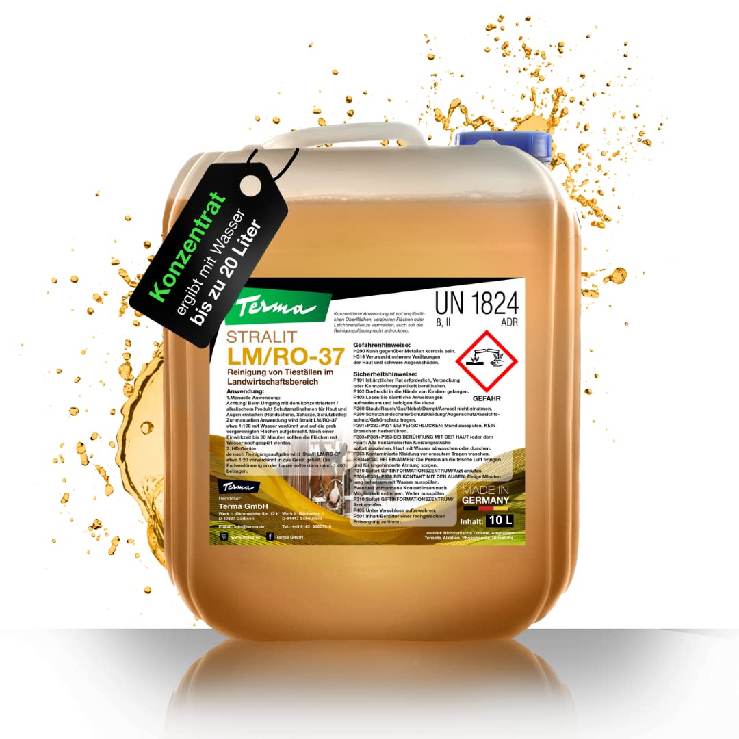 Terma Stallreiniger 10 Liter LM/RO-37 hoch alkalisch Made in Germany Entfernt hartnäckige starken Verkrustungen und Verschmutzungen Tierställen Pferdestall Kuhstall Schweinestall Hühnerstall