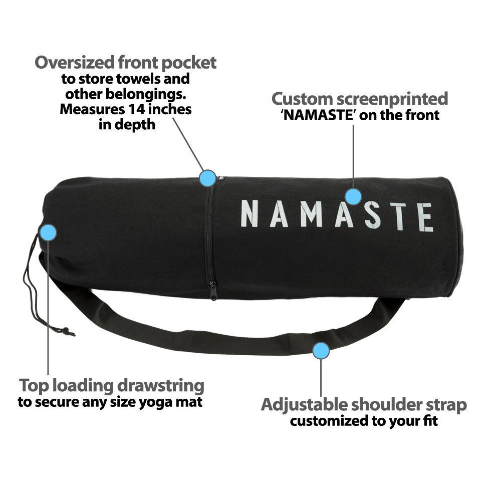Namaste Yoga Mat Bag - Drawstring Yoga Mat Carrier for Women, Men - Exercise and Fitness Accessories - Breathable Canvas Sling, Deep Front Pocket Zipper, Secret Storage, Adjustable Shoulder Strap