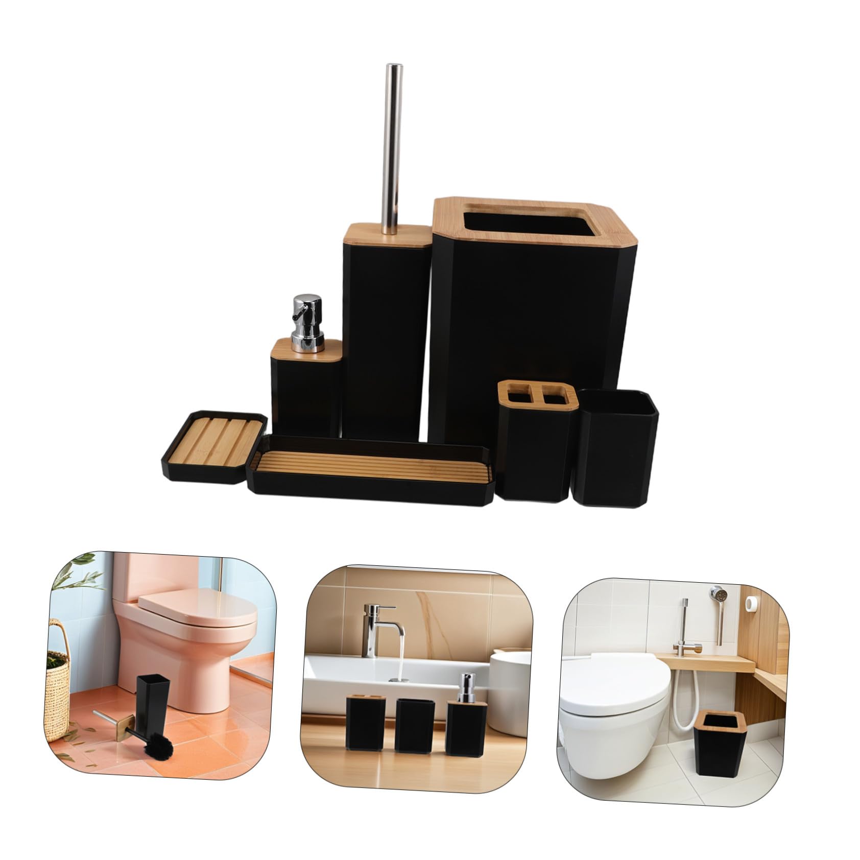 Garneck Accessori da Bagno in Bambù e Plastica Set Completo Portaspazzolino Dispenser di Sapone e Bicchiere per Lavaggio per Uso Domestico o Alberghiero