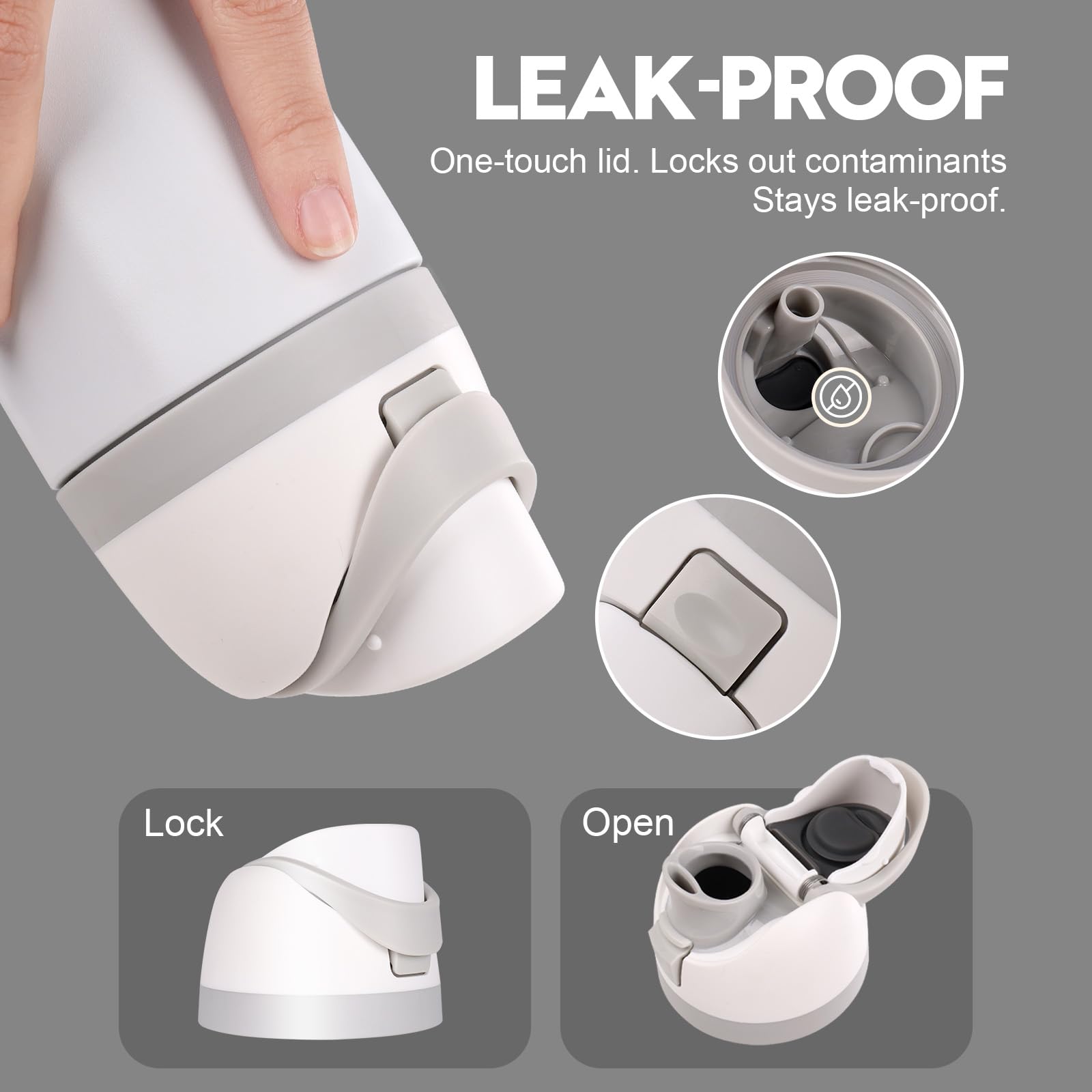 Ruzkq Replacement Lid for Owala, Compatible with Owala Cup 16oz 24oz 32oz 40oz, One Button Water Bottle Top Lid Replacement Accessory, Leakproof, BPA-Free (Ash White) - 3